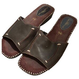 SunBay Brown Leather Footwear Slide Sandals Size 9N Stitched Detail Open Toe